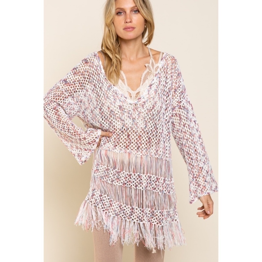 POL Open Knit Lightweight Tunic Sweater with Fringe - Picture 3 of 7